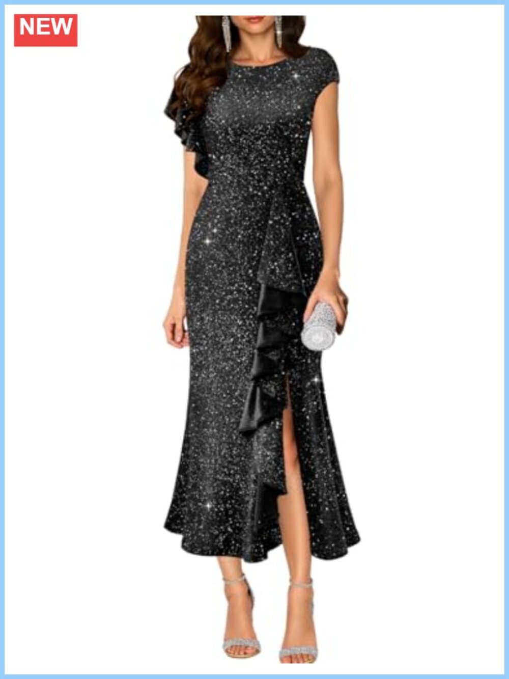 Sequin Formal Maxi Dress Asymmetric Sleeve Slit Bodycon Wedding Guest